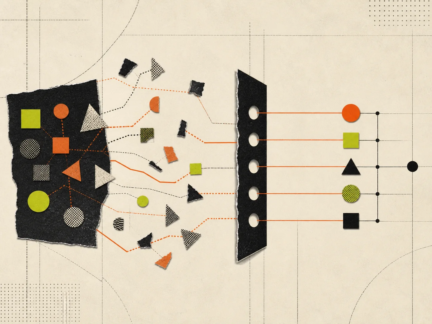 Abstract editorial collage of an AI-generated claim passing through layers of verification