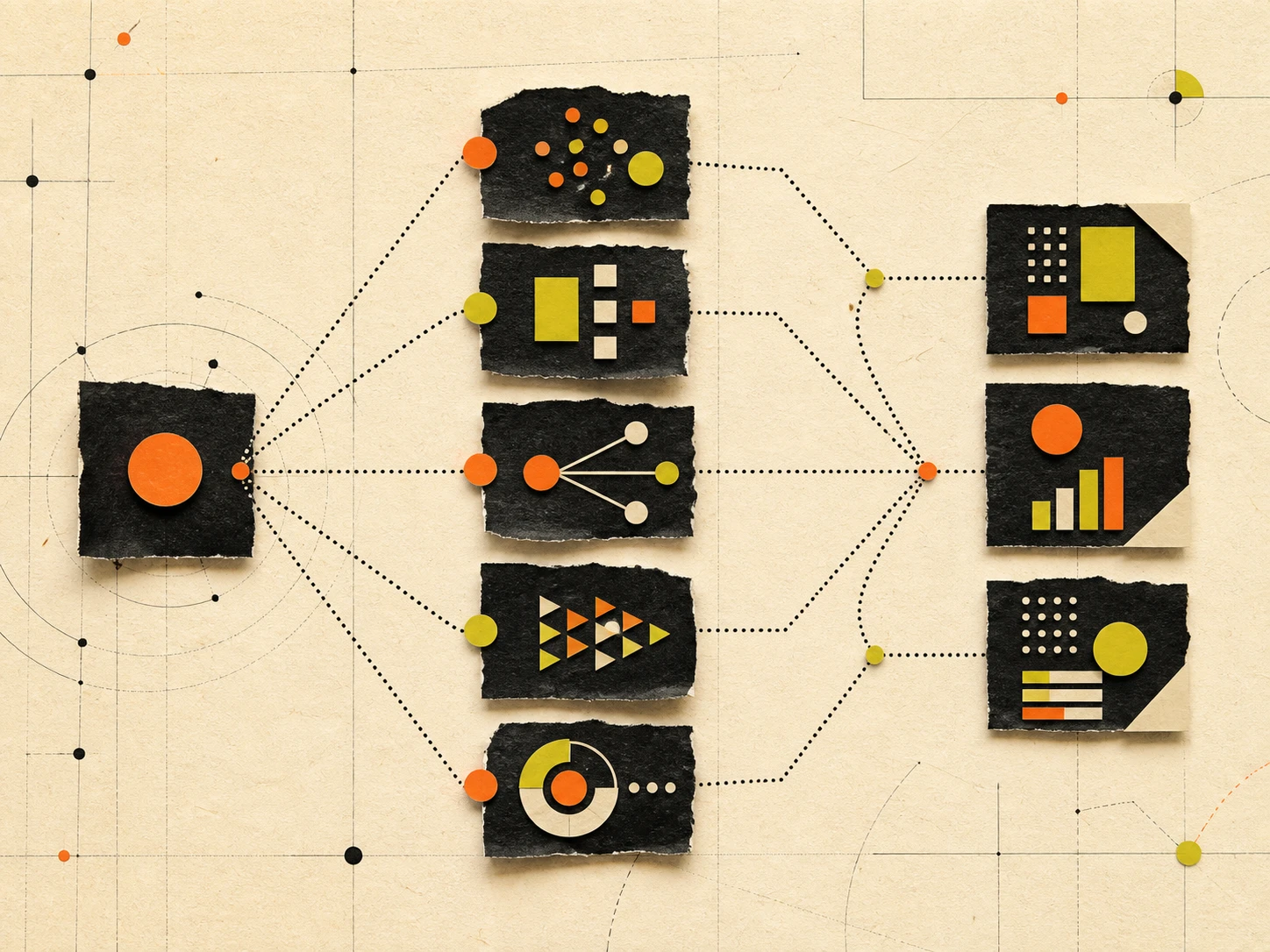 Abstract paper-cut workflow with one orange dispatch node branching to five specialist panels and converging into three output panels