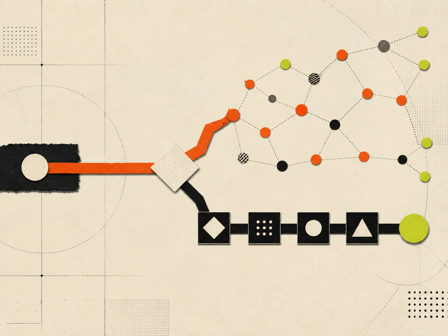 Abstract flowchart routing one task toward AI and another toward deterministic software